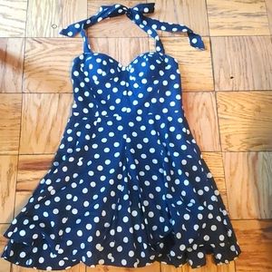 Betsey Johnson Blue Halter  Poka Dot A-line Flare dress size 12